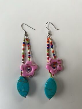 Colorful Beaded Flower Charm Drop Earrings with Turquoise Stones